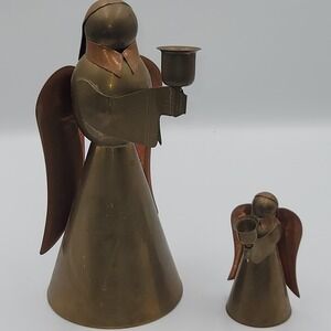 Vintage Penco Brass Copper Angel Candle Holder Set Mid Century Folk Art 2pc‎